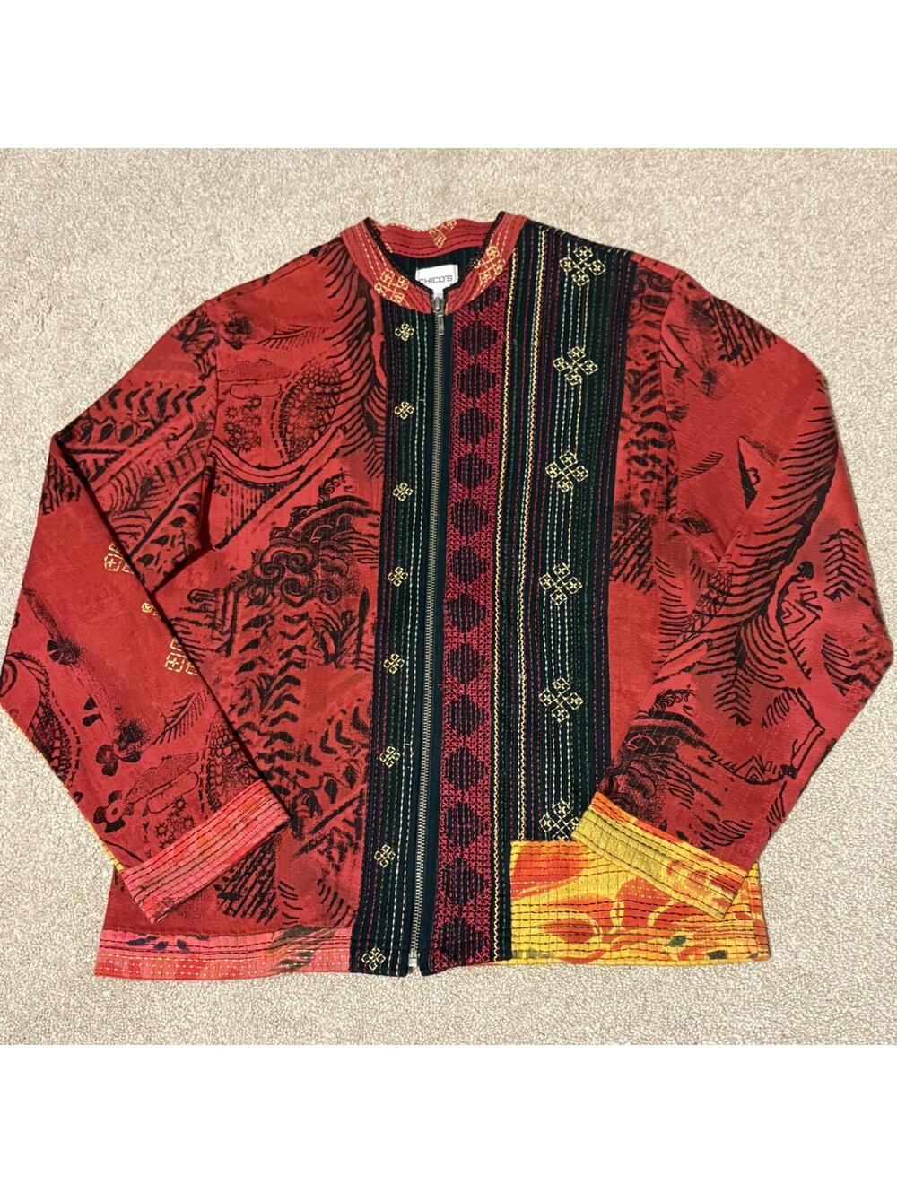 VTG Chicos Womens Red Indian Kantha Quilt Embroidered Cotton Zip Jacket, Sz 1 ,M